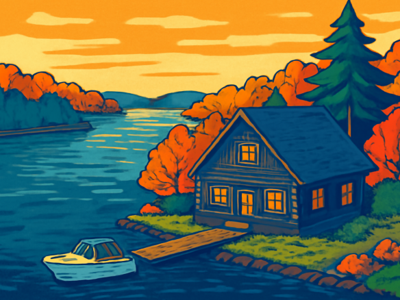 Lakeside cabin nestled in autumn-colored trees in the Brainerd Lakes Region, with a tranquil lake and dock at sunset.