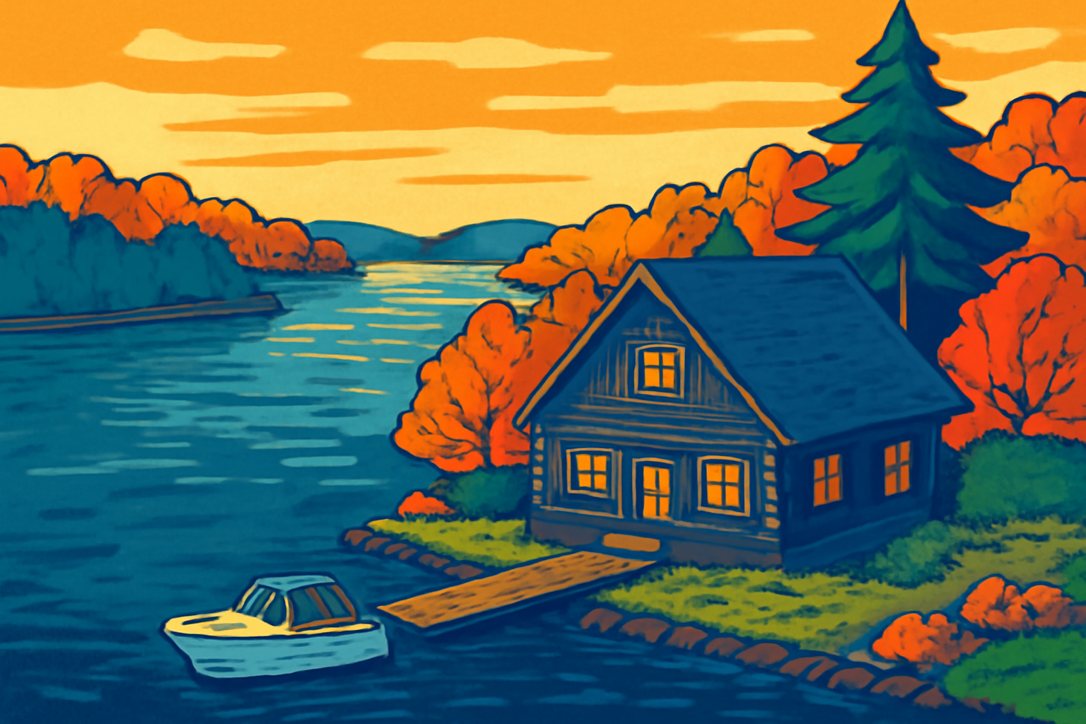 Lakeside cabin nestled in autumn-colored trees in the Brainerd Lakes Region, with a tranquil lake and dock at sunset.