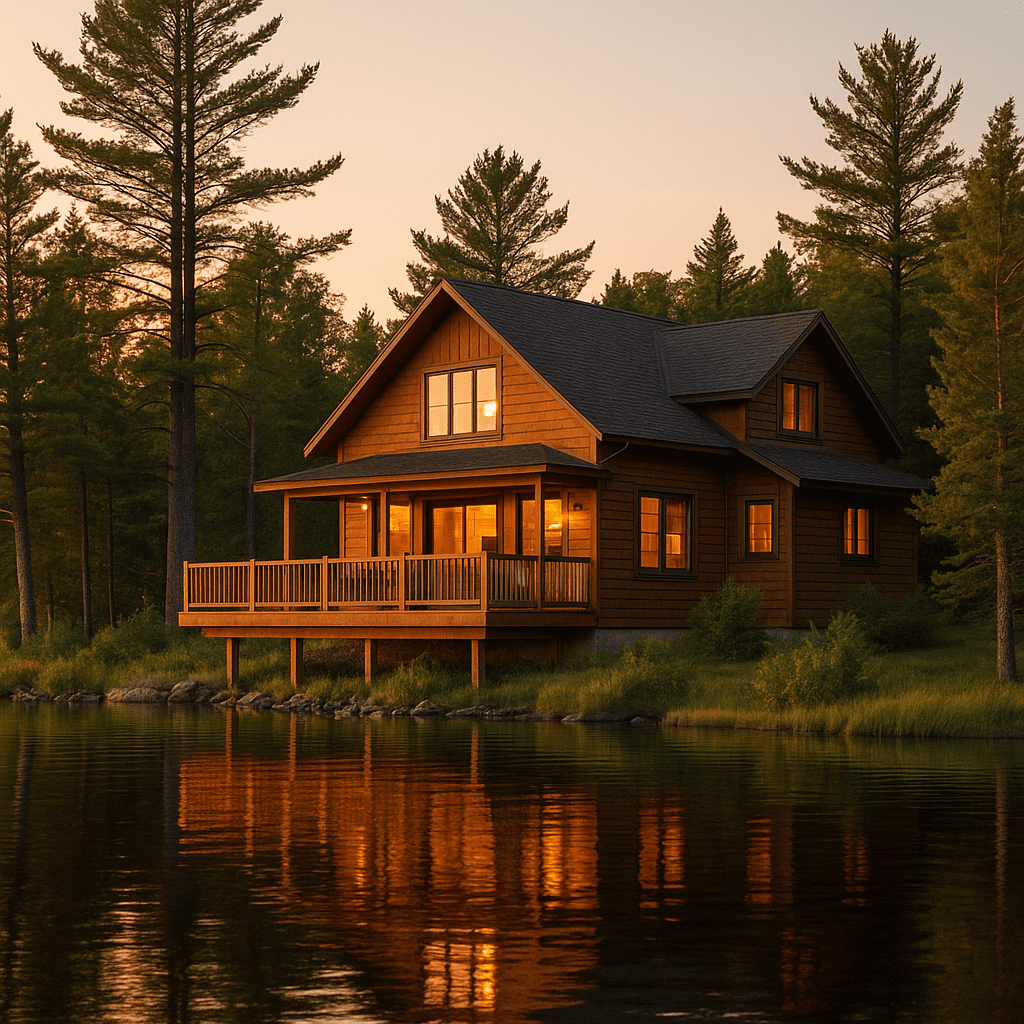 A warm cabin surrounded by pines at golden hour, overlooking a calm Midwestern lake — symbolizing potential Airbnb success.