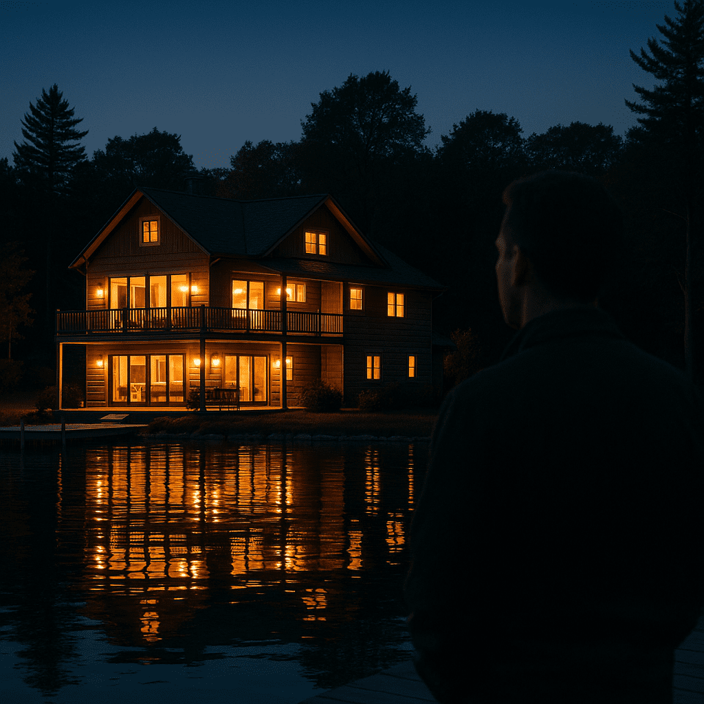 Property owner overlooking a glowing lakefront cabin on West Lake Okoboji at twilight