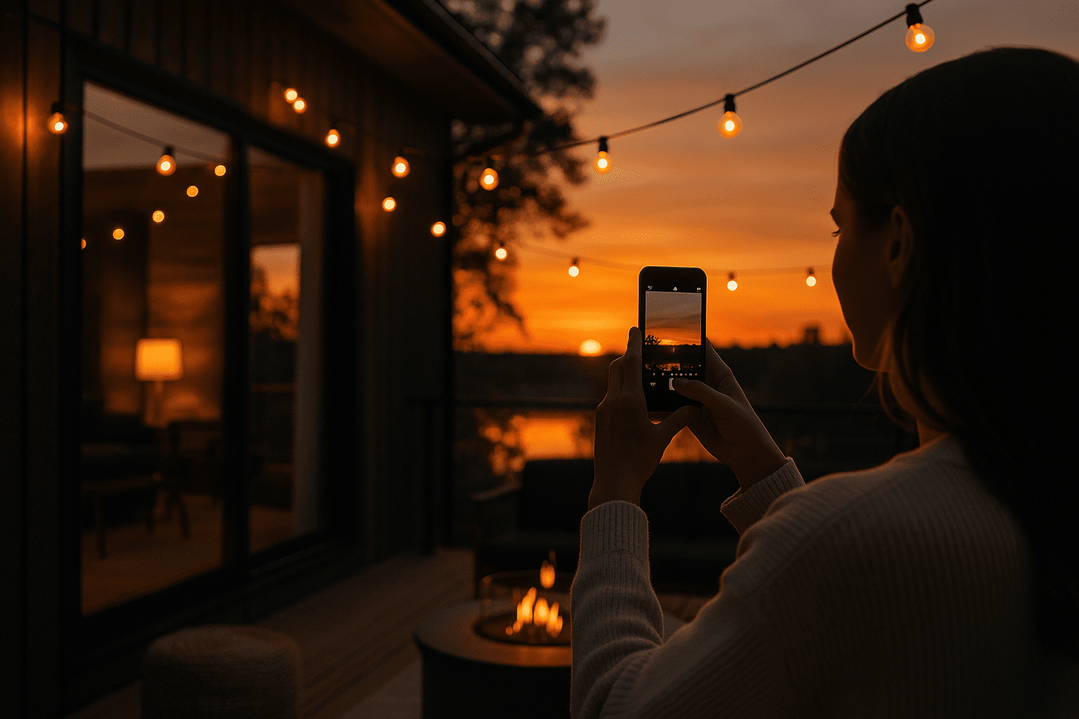 Guest taking a sunset photo on a luxury short-term rental patio with string lights and modern cabin design.
