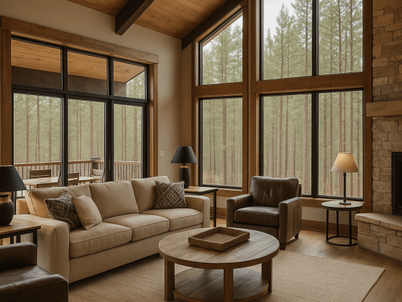 Luxury lakeside cabin interior with floor-to-ceiling windows, warm wood design, and soft evening light — ideal for a premium short-term rental experience.