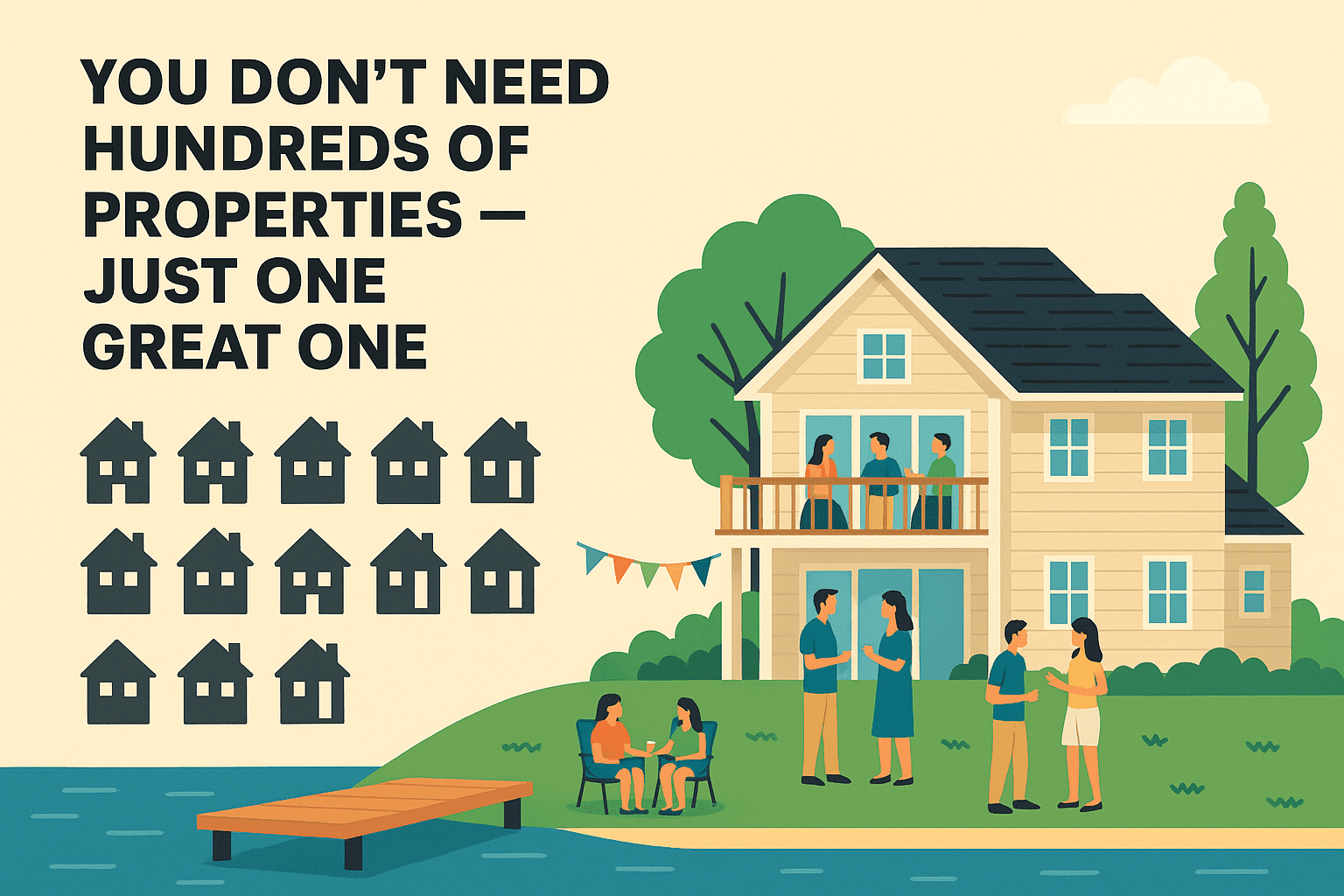 Luxury lake house glowing at sunset — one standout short-term rental property that proves quality beats quantity.