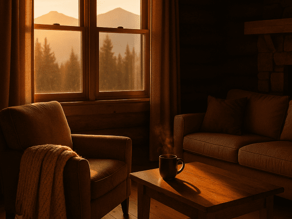 Warm mountain cabin with soft morning light, symbolizing a second home coming back to life through hosting.