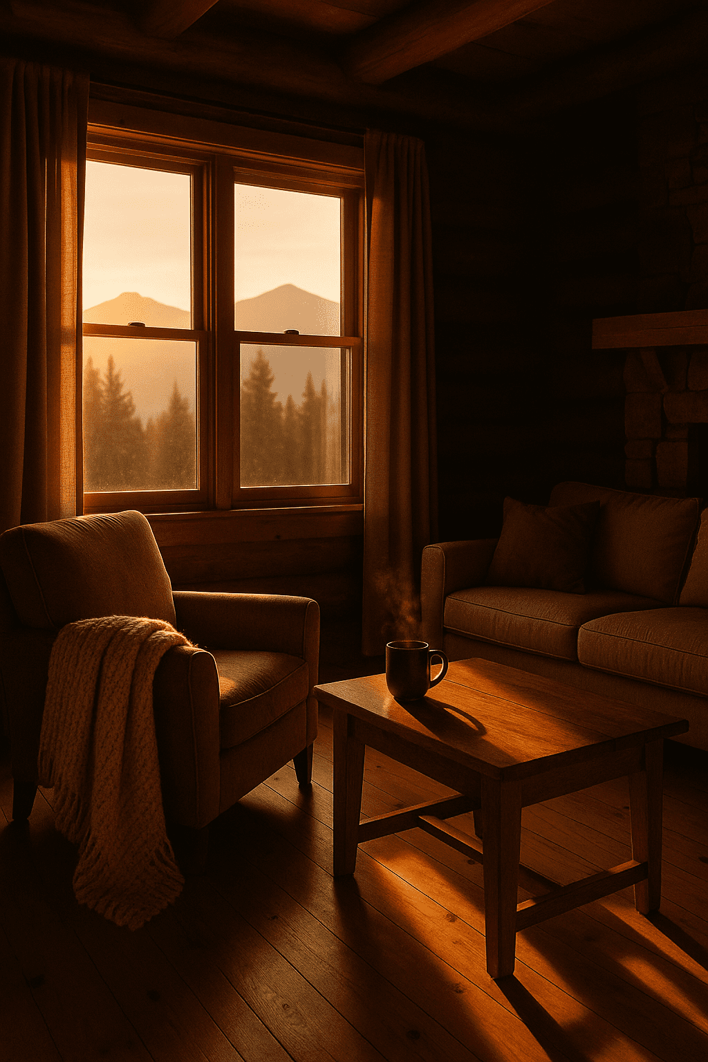 Warm mountain cabin with soft morning light, symbolizing a second home coming back to life through hosting.