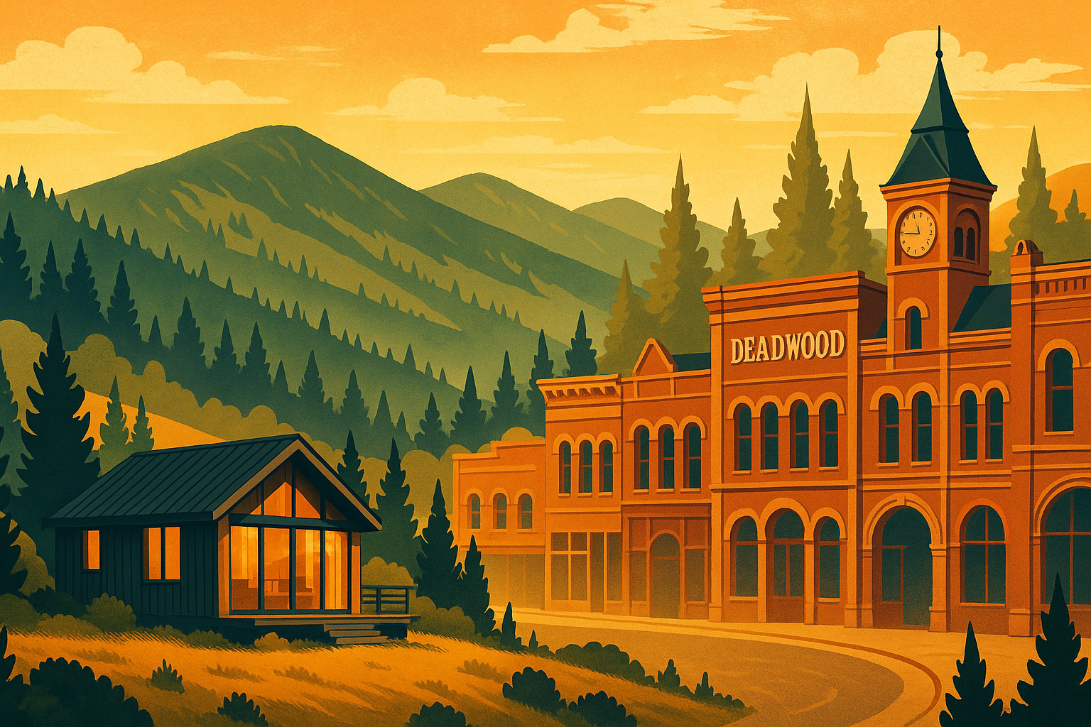 Illustration of South Dakota’s Black Hills and Deadwood representing the short-term rental gold rush.