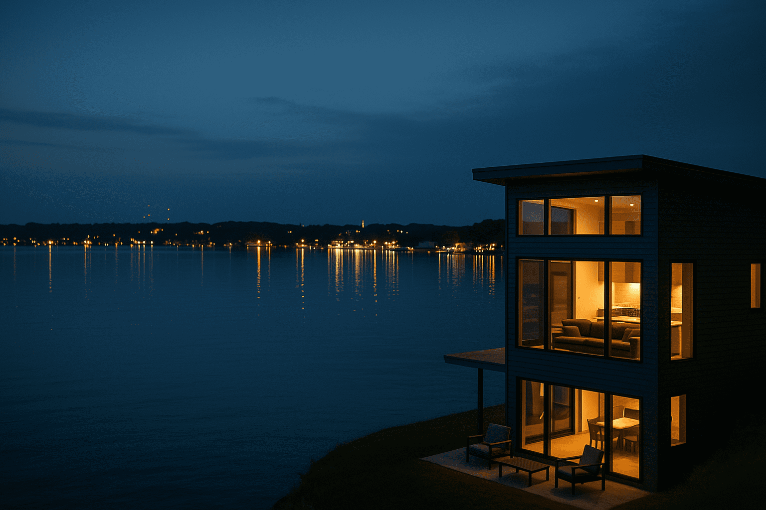 Modern lakefront cabin on West Lake Okoboji at night, glowing with warm interior lights and overlooking a calm lake with reflections from homes and hotspots across the water.