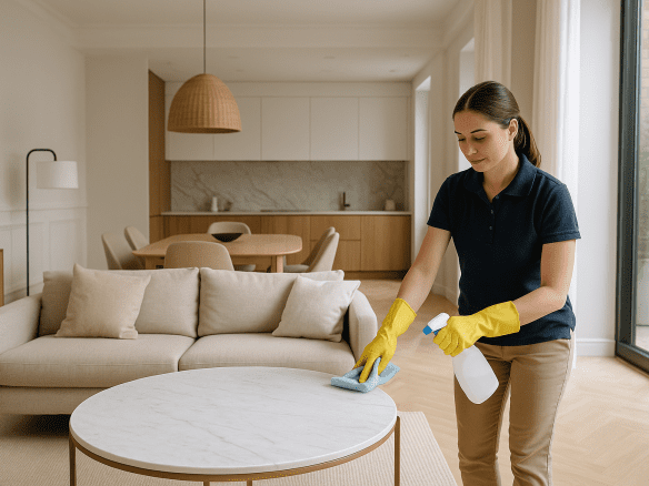 Housekeeper cleaning a luxury Airbnb living room with natural light and modern furnishings