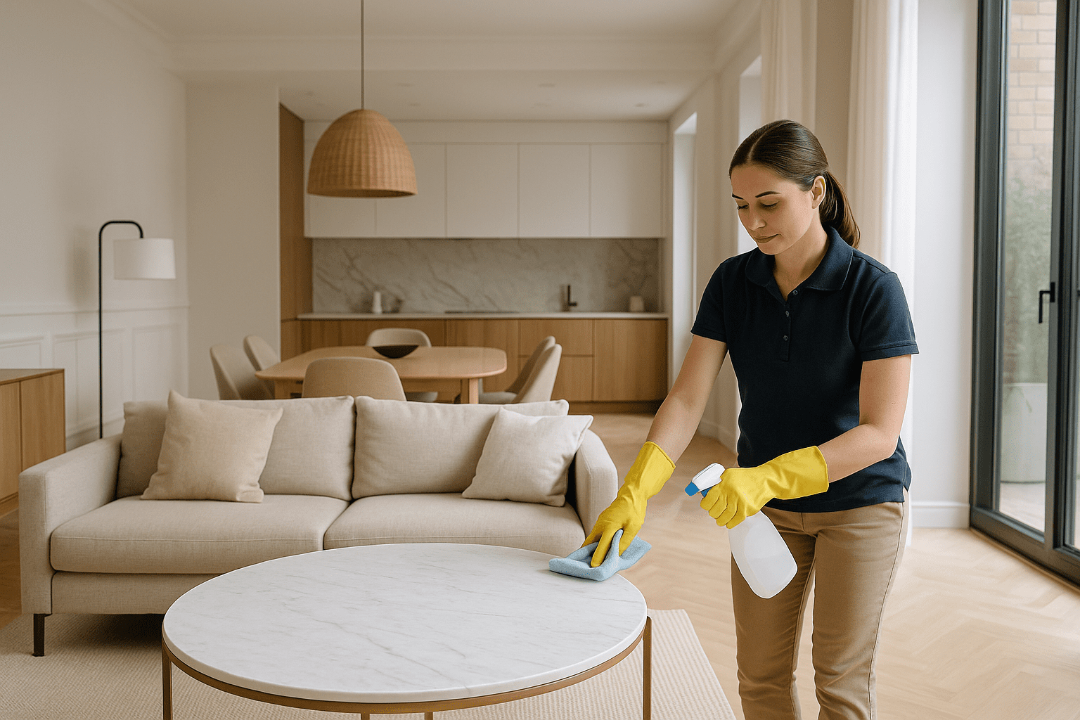 Housekeeper cleaning a luxury Airbnb living room with natural light and modern furnishings