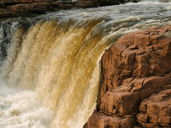 Close-up view of a waterfall flowing over the reddish quartzite rocks at Falls Park in Sioux Falls, South Dakota.