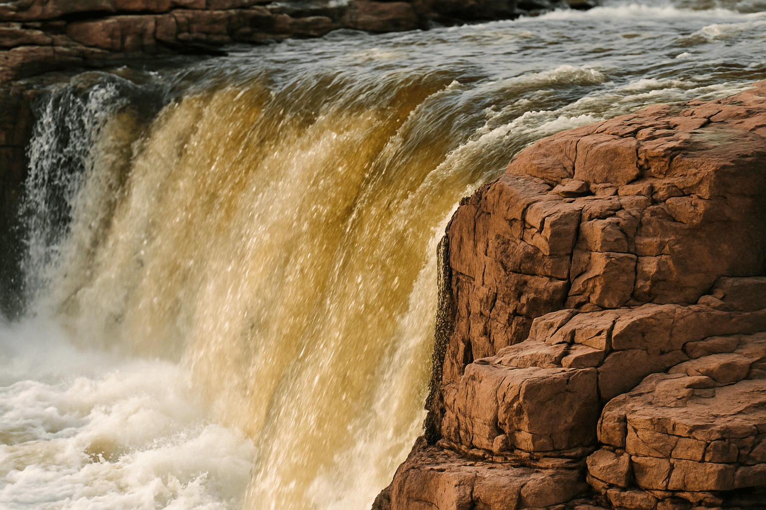Close-up view of a waterfall flowing over the reddish quartzite rocks at Falls Park in Sioux Falls, South Dakota.