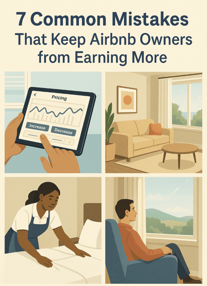 Alt Text: Illustration showing four Airbnb hosting scenes — pricing optimization, clean living space, housekeeping, and guest relaxation — representing ways to increase rental income.