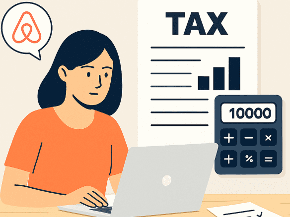 A property owner using a laptop at a modern desk while reviewing Airbnb tax documents and compliance reports in a clean, minimalist 2025-style workspace.
