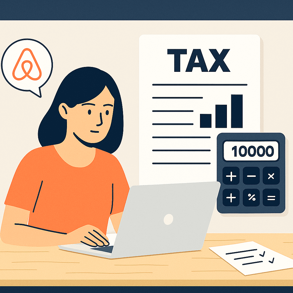 A property owner using a laptop at a modern desk while reviewing Airbnb tax documents and compliance reports in a clean, minimalist 2025-style workspace.