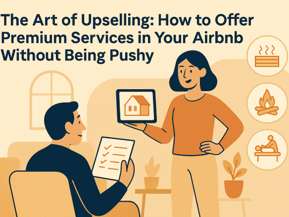 A stylish Airbnb host subtly presenting premium amenities like a fire pit and in-home massage, illustrating elegant upselling without pressure.