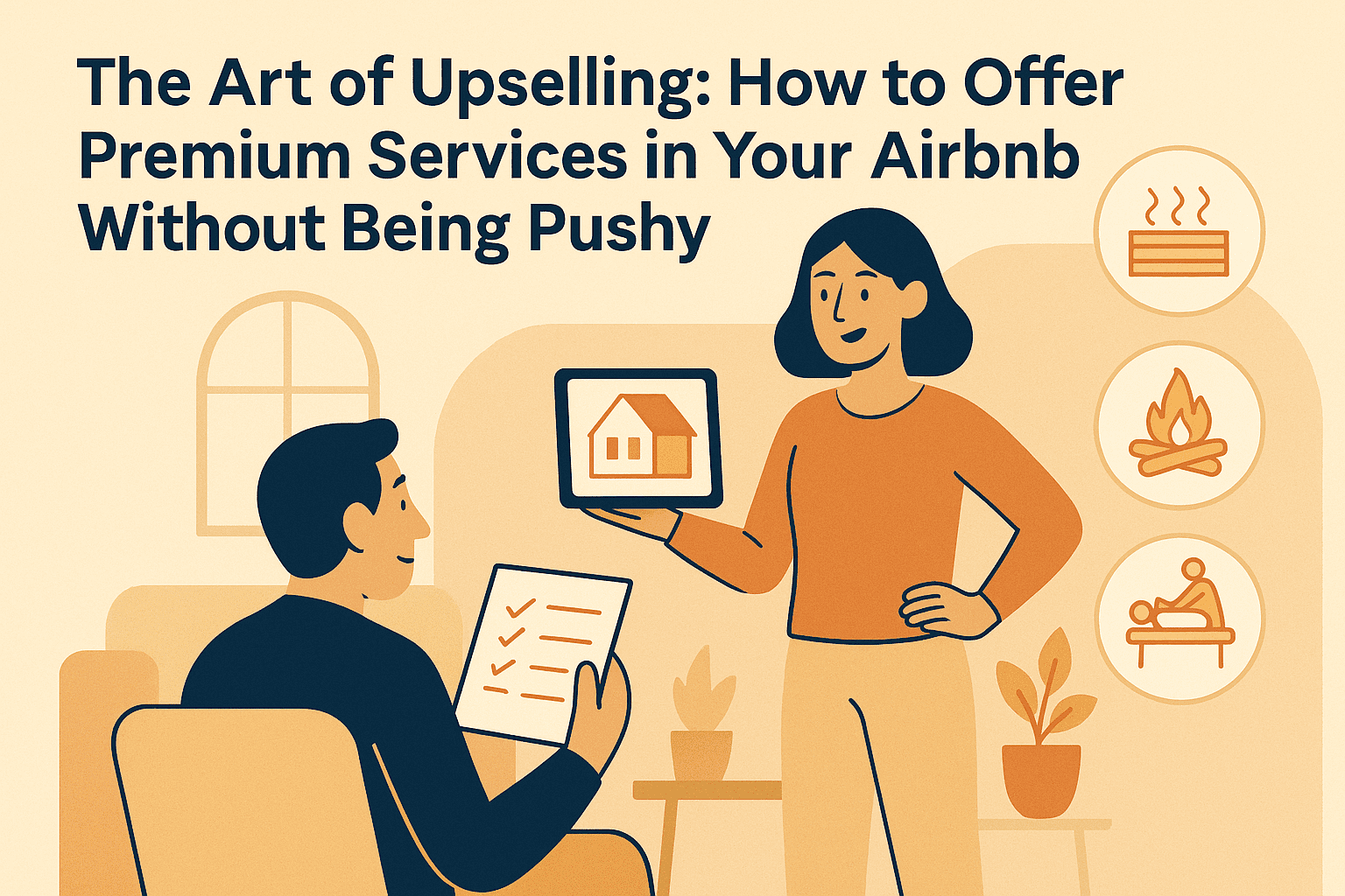 A stylish Airbnb host subtly presenting premium amenities like a fire pit and in-home massage, illustrating elegant upselling without pressure.