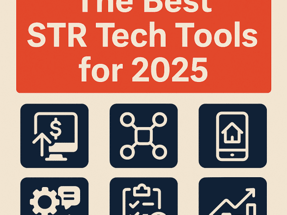 Modern graphic showing top short-term rental tech tools for 2025 with icons for pricing, automation, smart home, and analytics in navy and gold tones.
