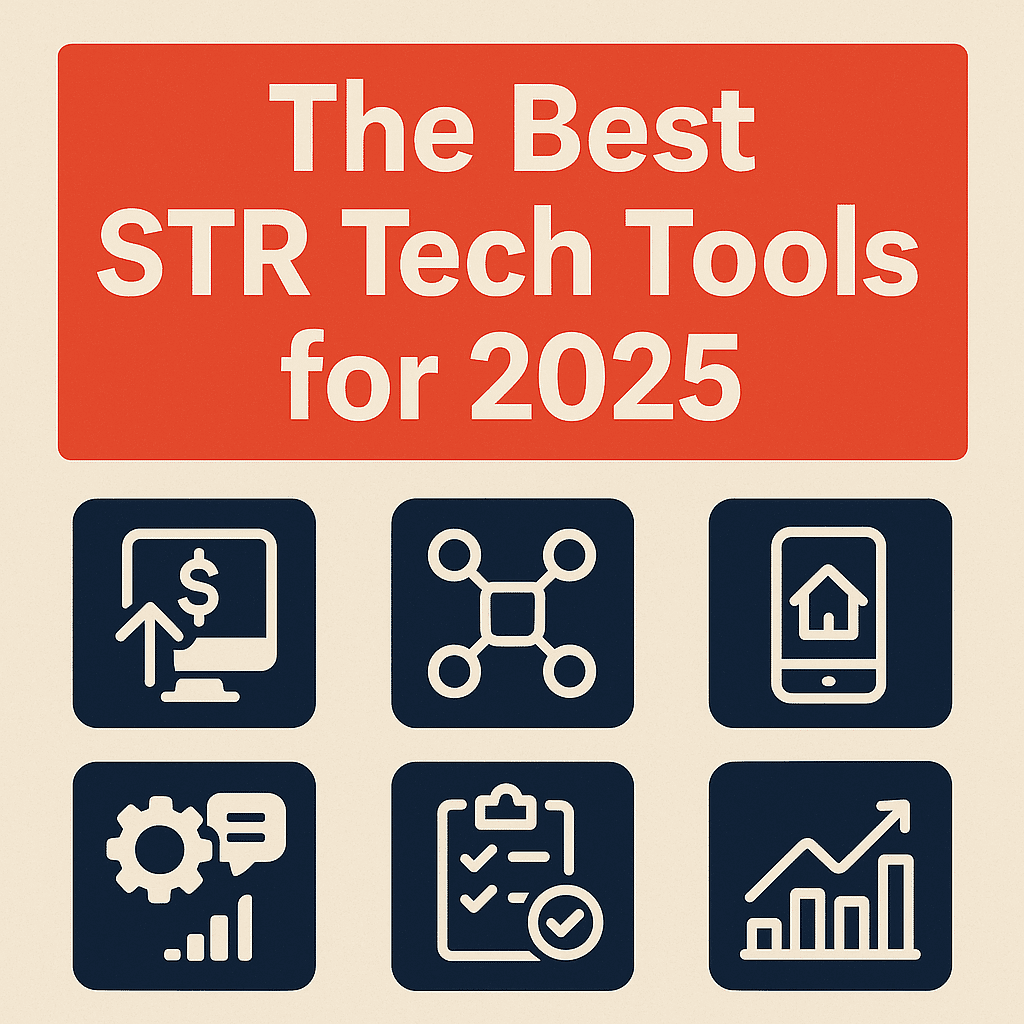 Modern graphic showing top short-term rental tech tools for 2025 with icons for pricing, automation, smart home, and analytics in navy and gold tones.