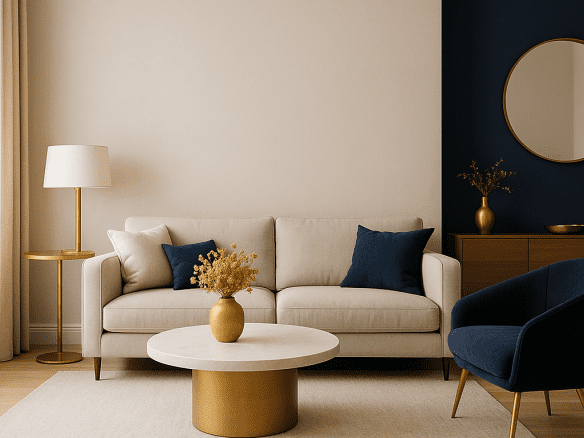 Luxury Airbnb living room with balanced color palette in soft neutrals, navy, and gold accents.