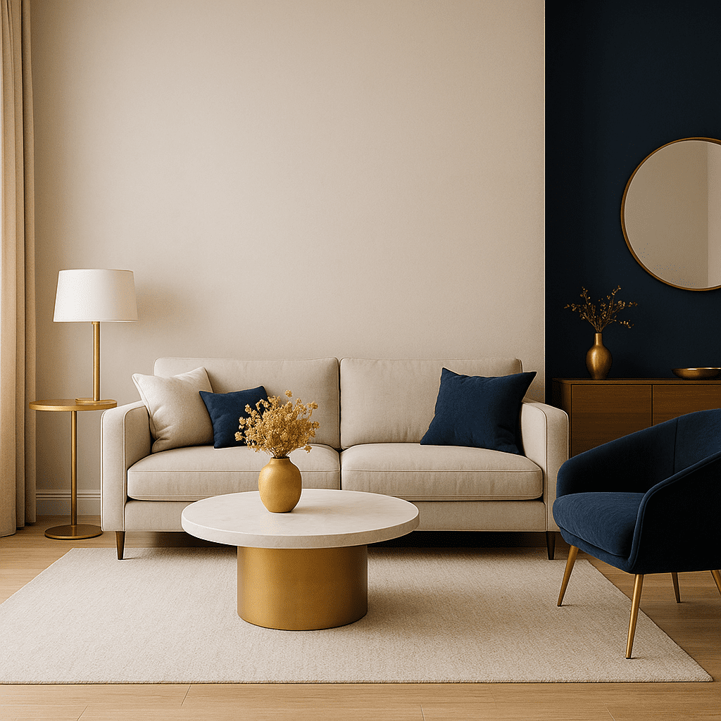 Luxury Airbnb living room with balanced color palette in soft neutrals, navy, and gold accents.