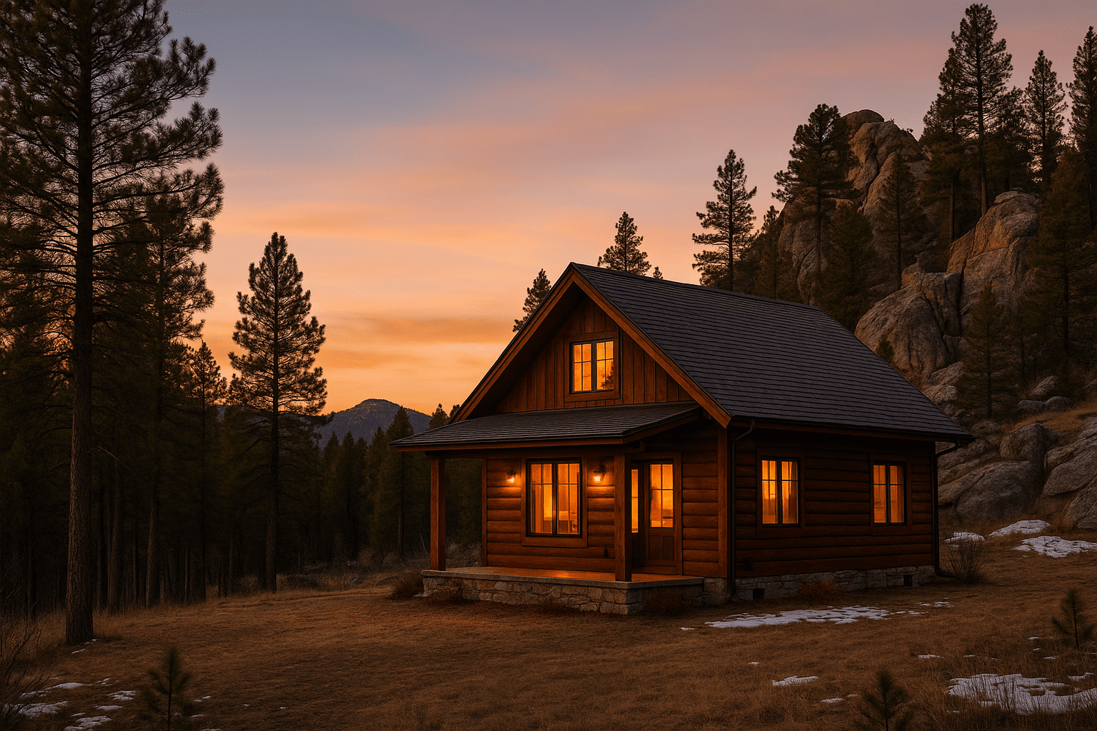 Cozy Black Hills cabin near Custer, South Dakota glowing at sunset, showing year-round rental appeal.