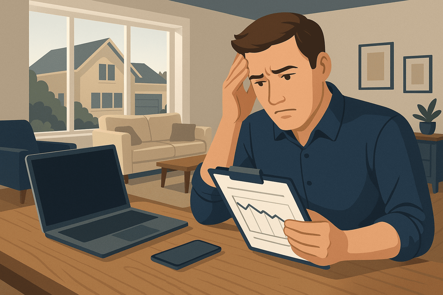 Stressed vacation rental owner reviewing declining performance reports inside a modern, well-appointed home.