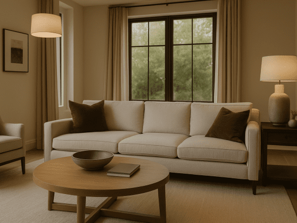 Modern luxury short-term rental living room with layered lighting and cohesive design