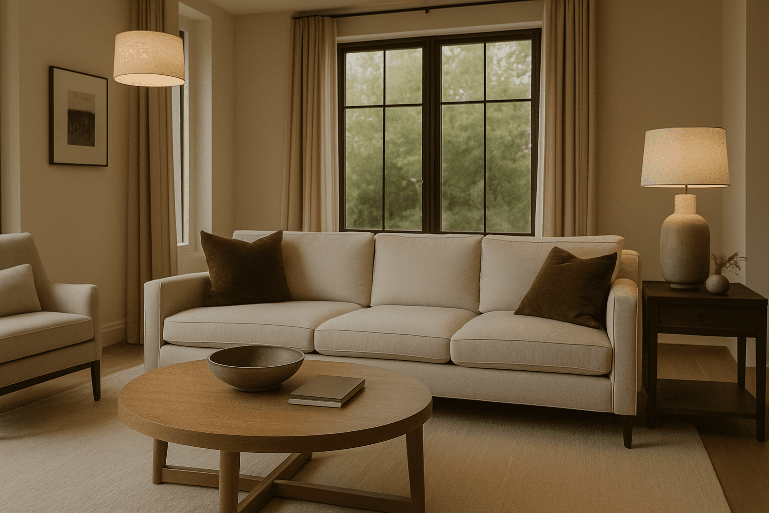 Modern luxury short-term rental living room with layered lighting and cohesive design