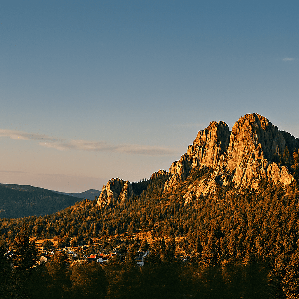 Scenic view of Hill City, South Dakota with rugged granite peaks and forested hills during golden hour