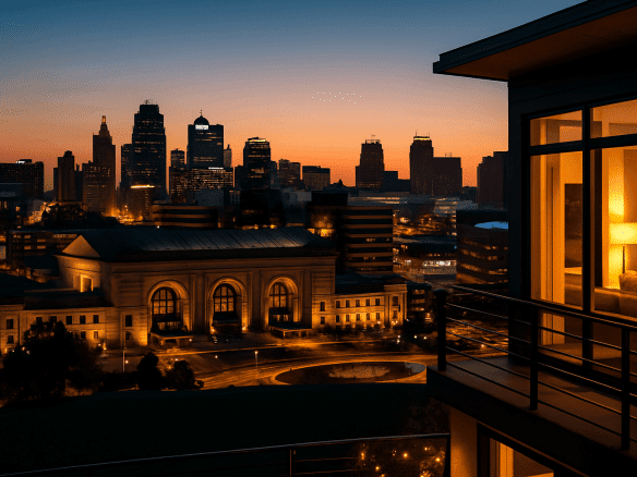 Kansas City skyline at dusk viewed from a modern luxury Airbnb home with warm interior lighting.