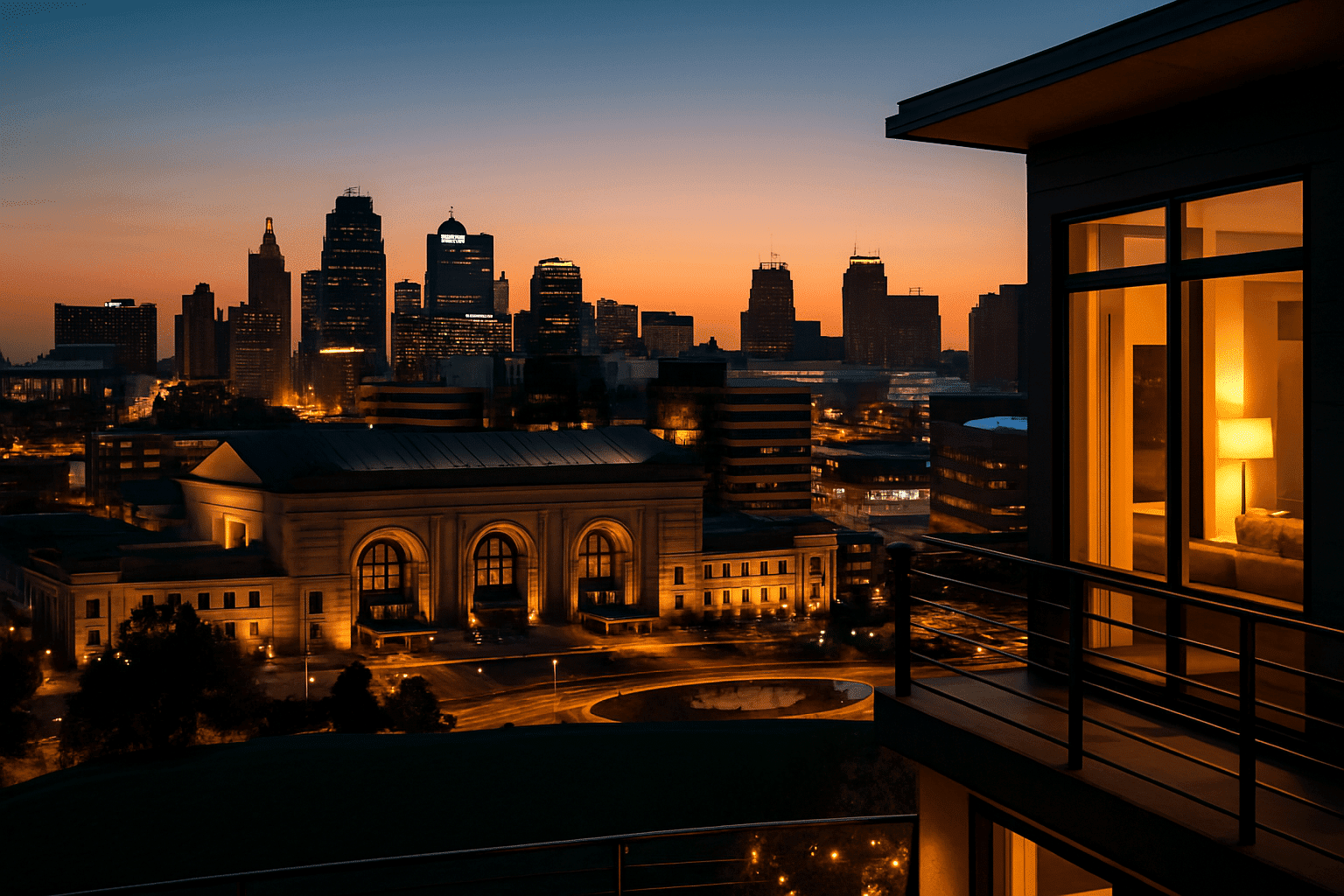 Kansas City skyline at dusk viewed from a modern luxury Airbnb home with warm interior lighting.
