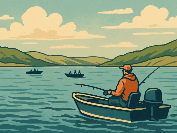 Illustrated scene of fishing boats on Lake Francis Case with anglers casting lines in calm blue water.