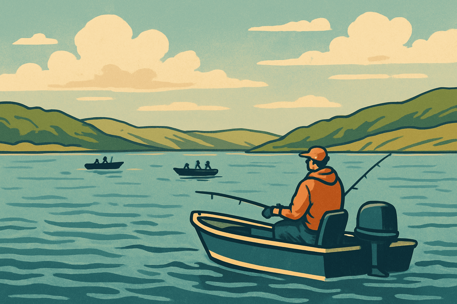 Illustrated scene of fishing boats on Lake Francis Case with anglers casting lines in calm blue water.