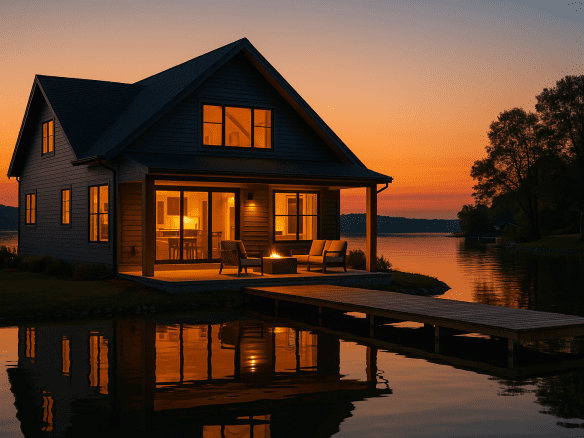 Modern lake house at sunset with dock and outdoor seating, representing passive income potential