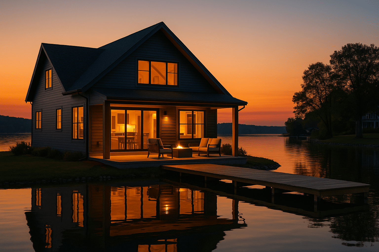 Modern lake house at sunset with dock and outdoor seating, representing passive income potential