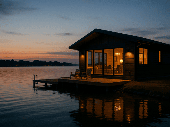 Modern lakefront cabin at dusk on Lake Poinsett, South Dakota