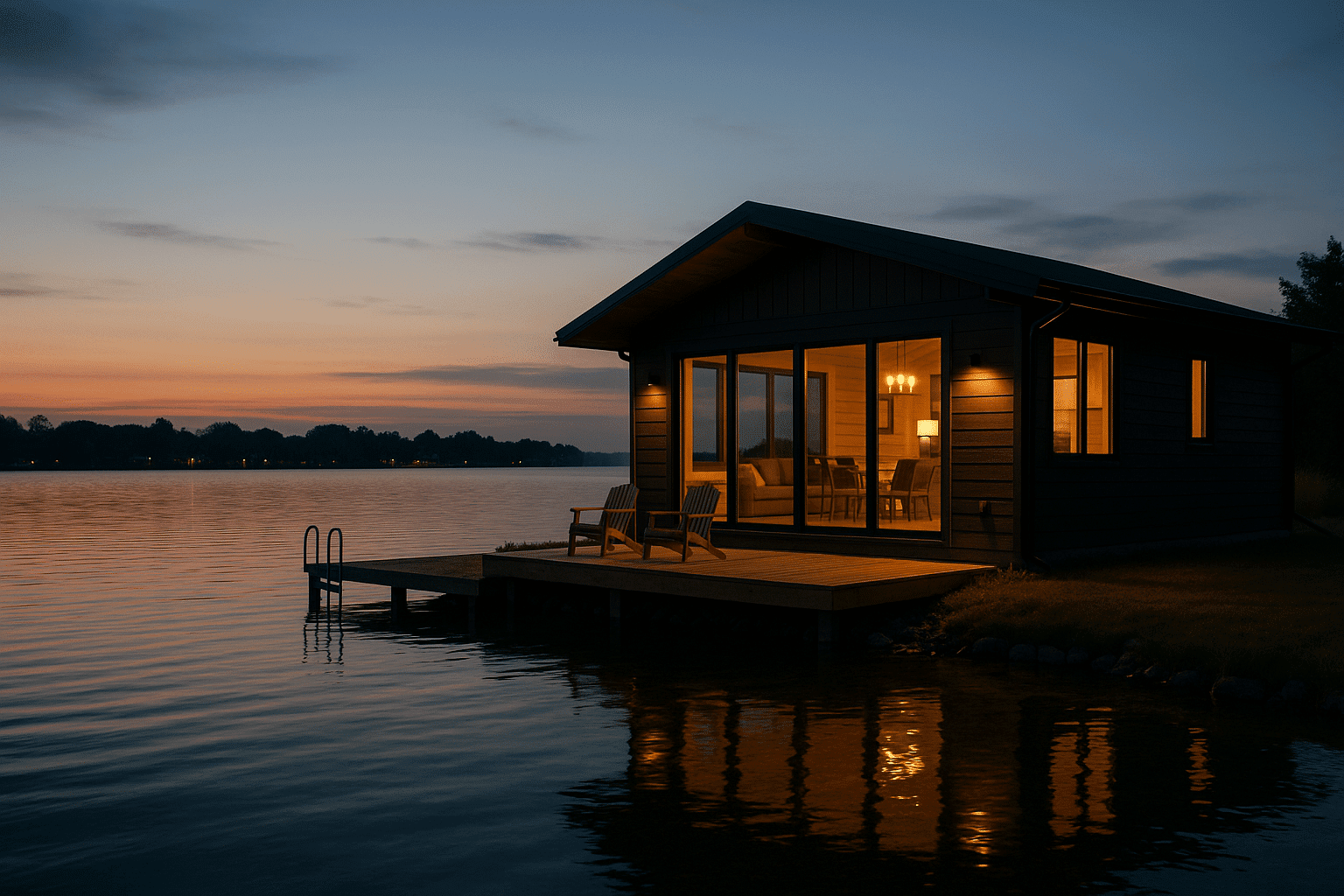 Modern lakefront cabin at dusk on Lake Poinsett, South Dakota