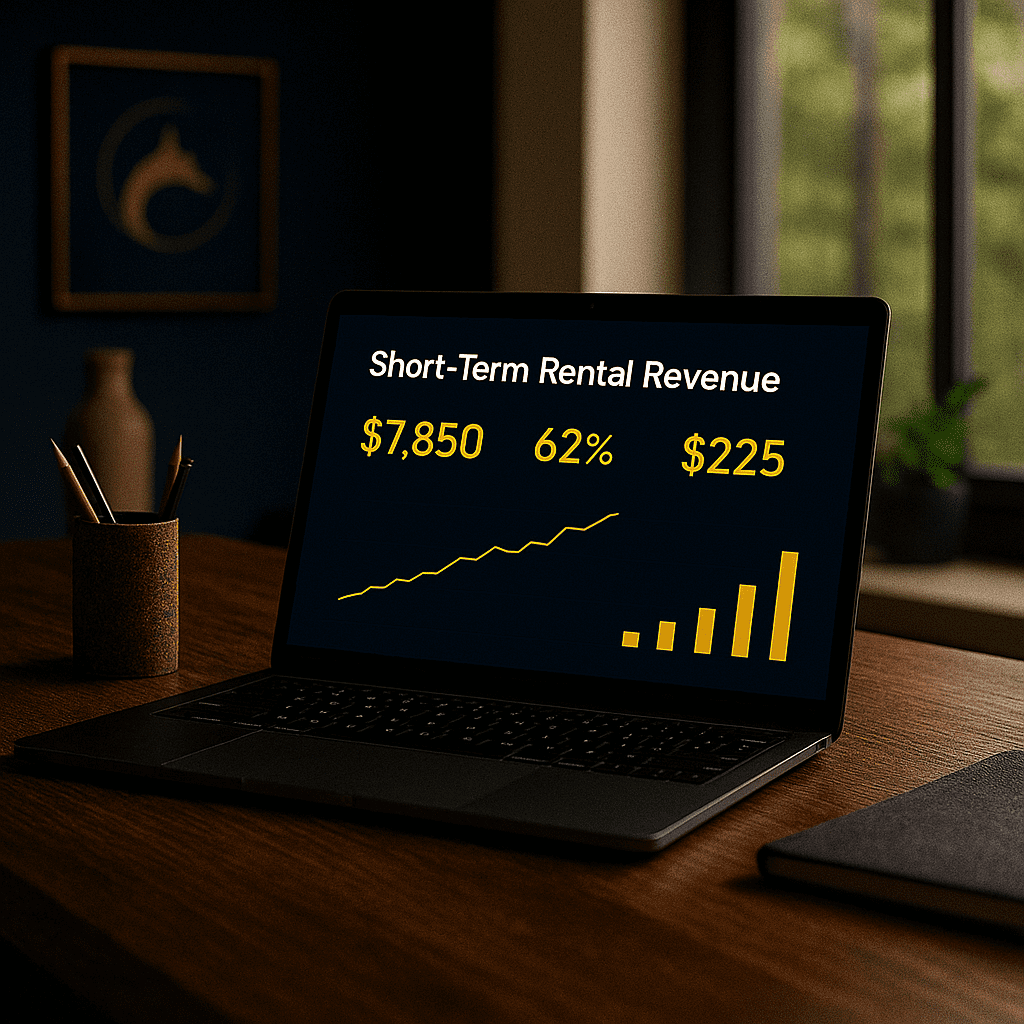 Laptop displaying short-term rental revenue analytics representing Airbnb passive income