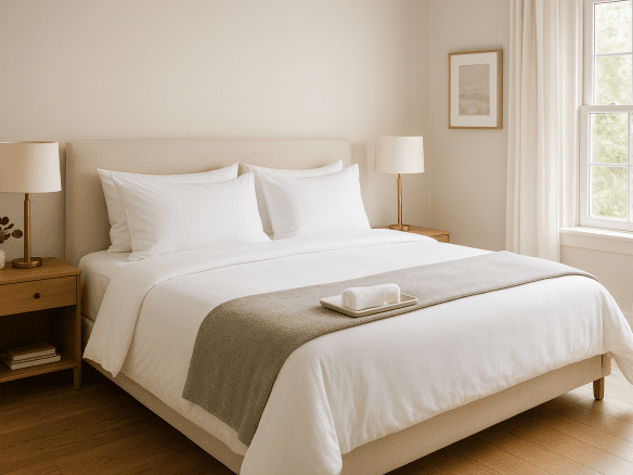 Luxury Airbnb bedroom with crisp white bedding, layered lighting, and spa-caliber details