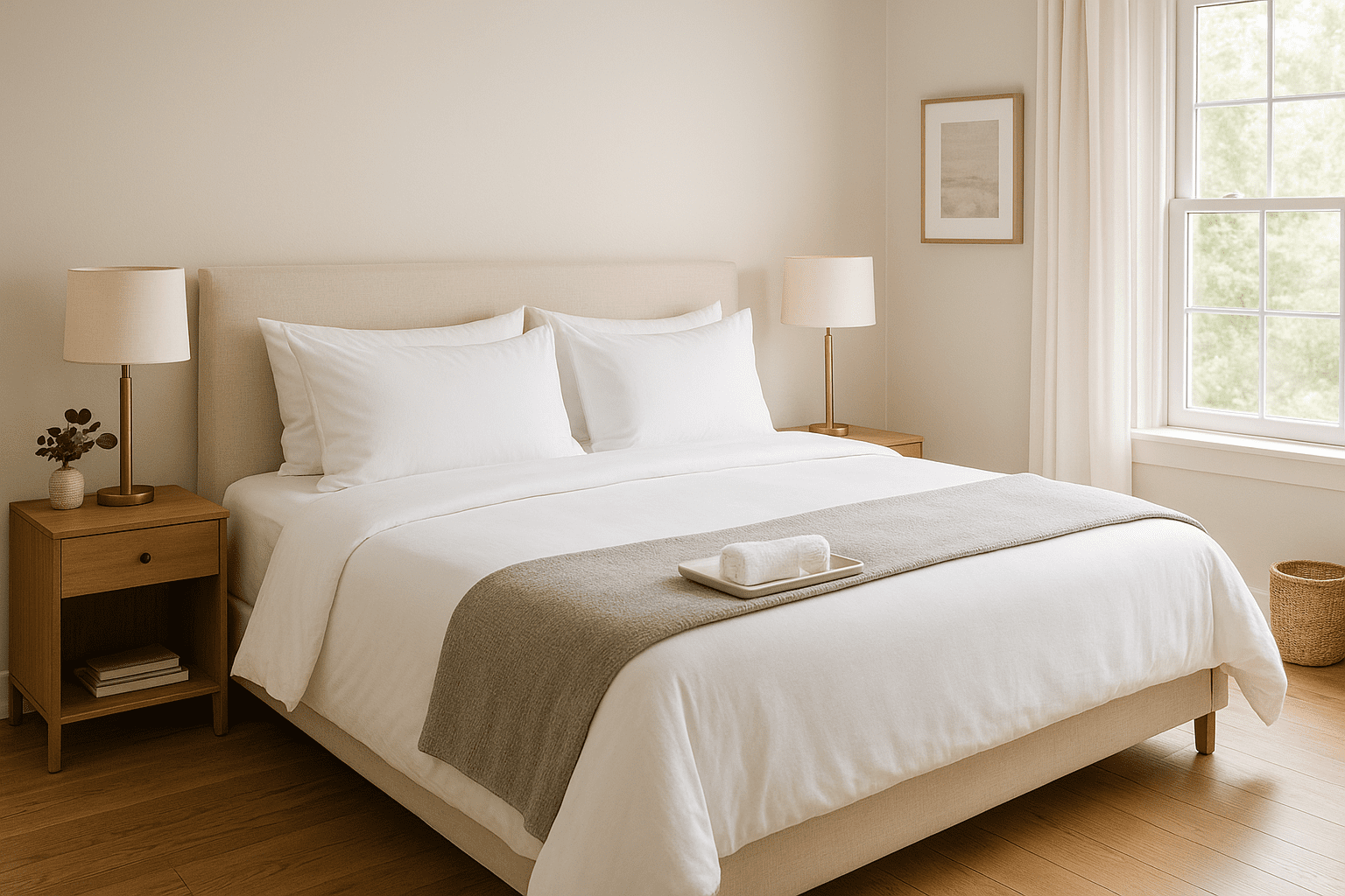 Luxury Airbnb bedroom with crisp white bedding, layered lighting, and spa-caliber details