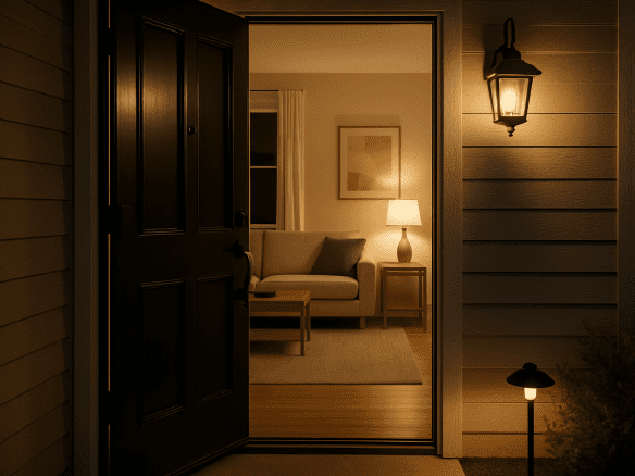 Warmly lit entry leading to a clean, modern living room that suggests an easy Airbnb arrival.