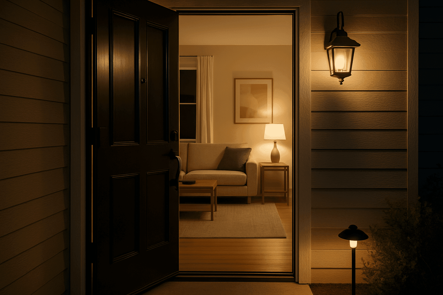 Warmly lit entry leading to a clean, modern living room that suggests an easy Airbnb arrival.