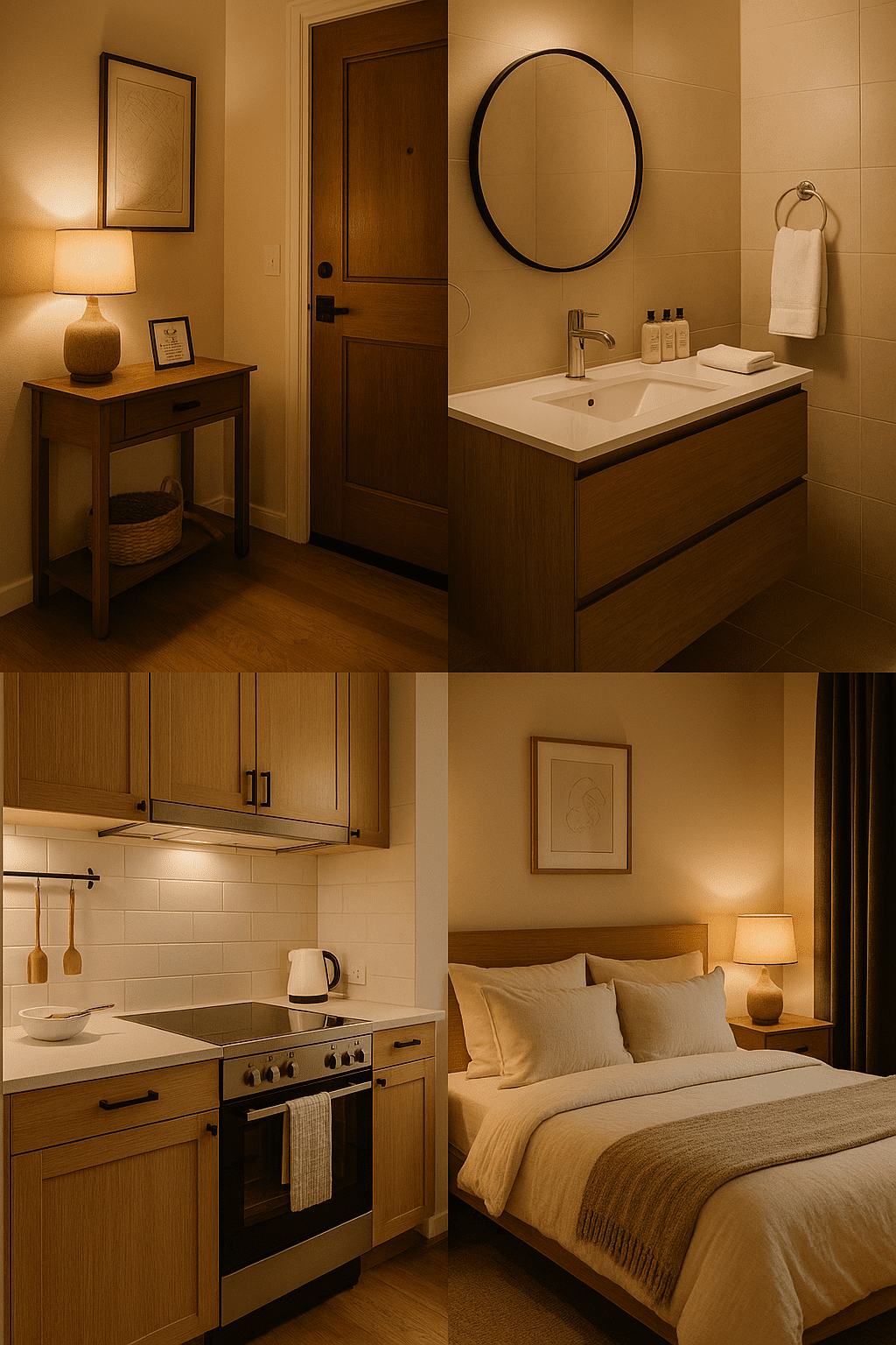 Four-panel collage of a luxury short-term rental showing entryway, bathroom, kitchen, and bedroom with warm lighting and boutique-level hospitality.