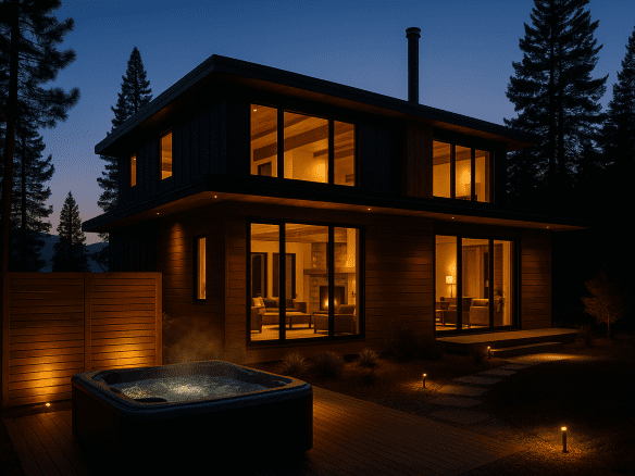 Modern luxury cabin at dusk with glowing windows and spa deck featuring hot tub and cedar privacy screen