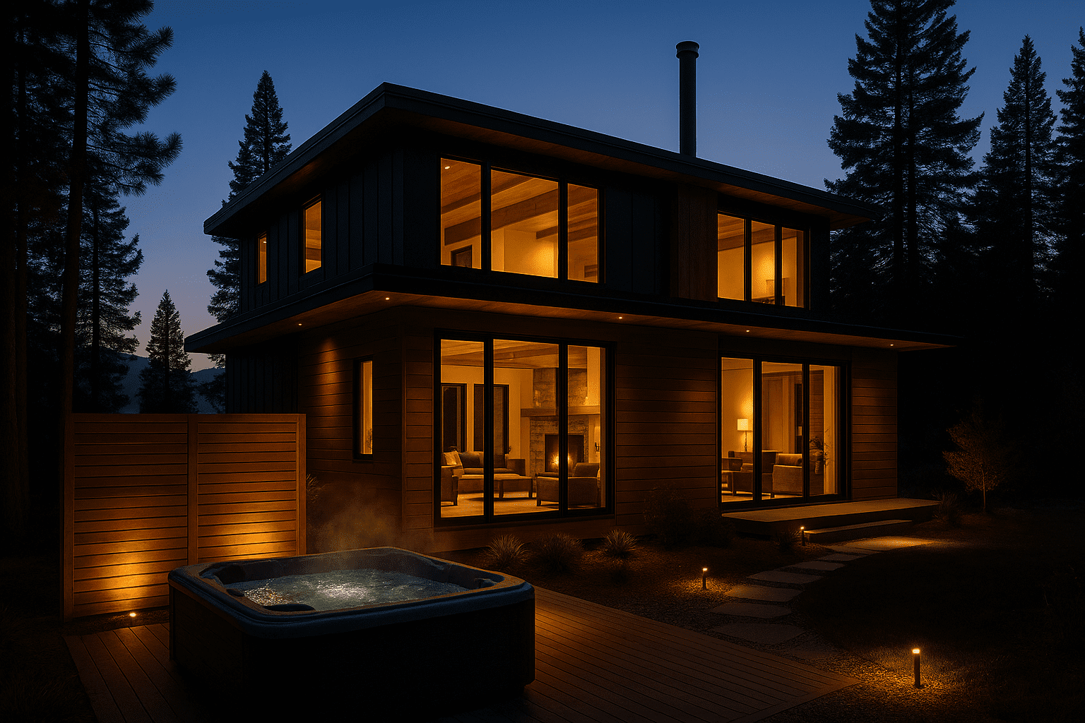 Modern luxury cabin at dusk with glowing windows and spa deck featuring hot tub and cedar privacy screen