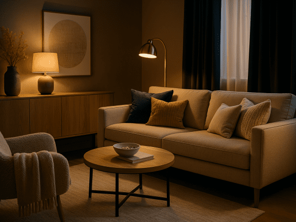 Elegant Airbnb living room featuring cozy textures, warm lighting, and luxury finishes designed for guest comfort.