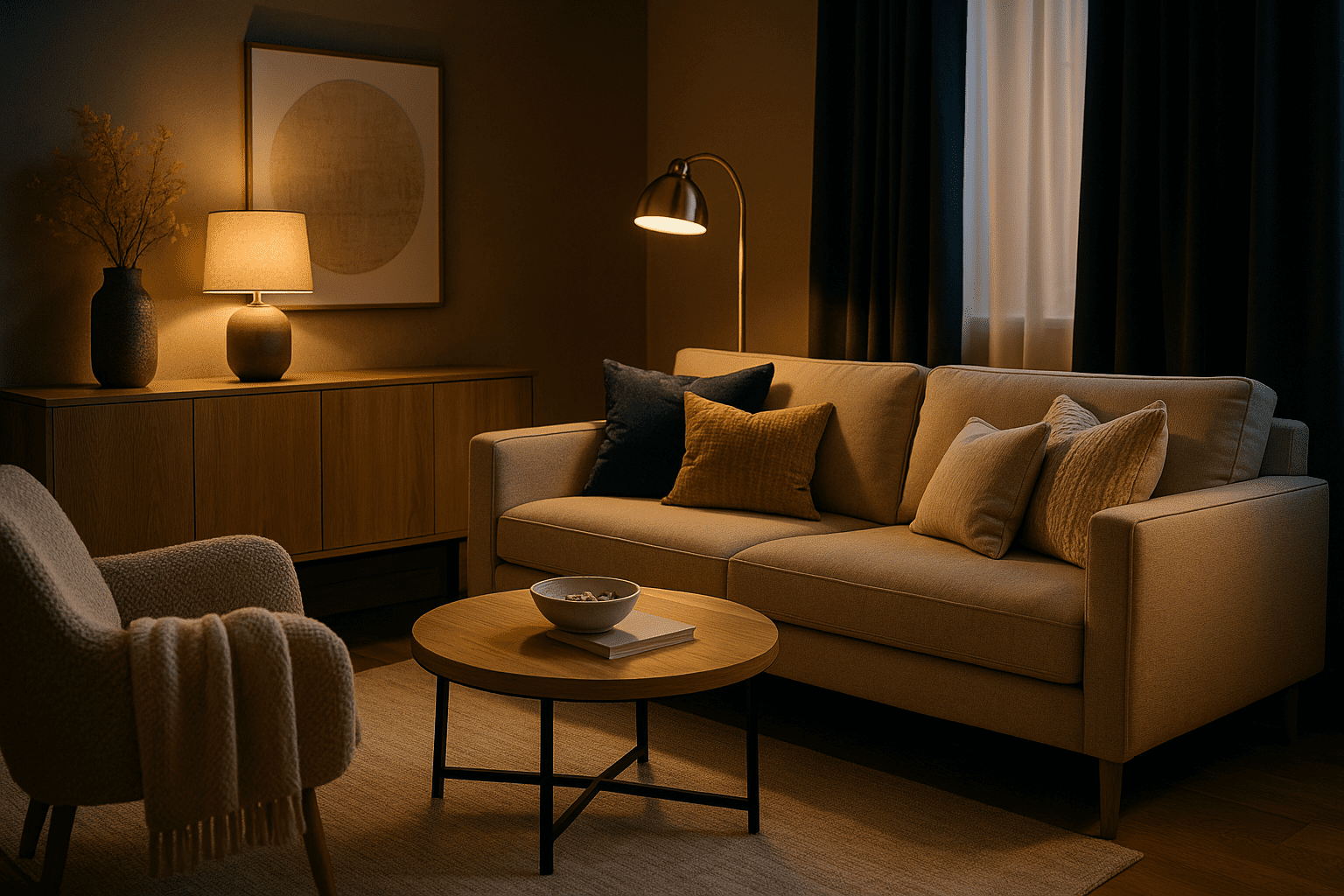 Elegant Airbnb living room featuring cozy textures, warm lighting, and luxury finishes designed for guest comfort.