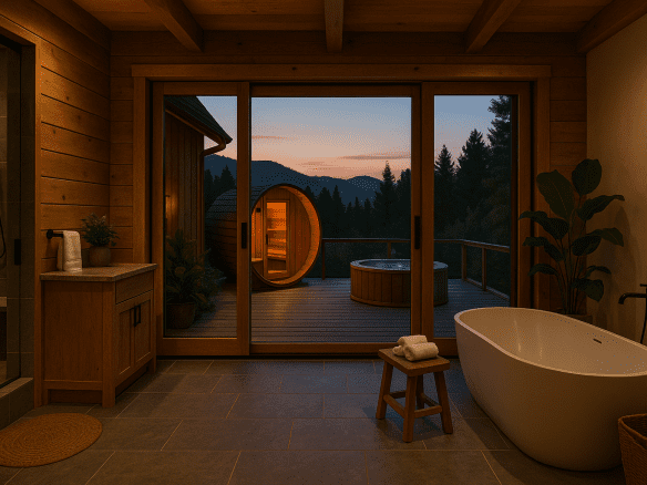 Luxury mountain cabin Airbnb bathroom with freestanding tub, glass doors opening to a cedar sauna and hot tub deck overlooking pine-covered hills at sunset.