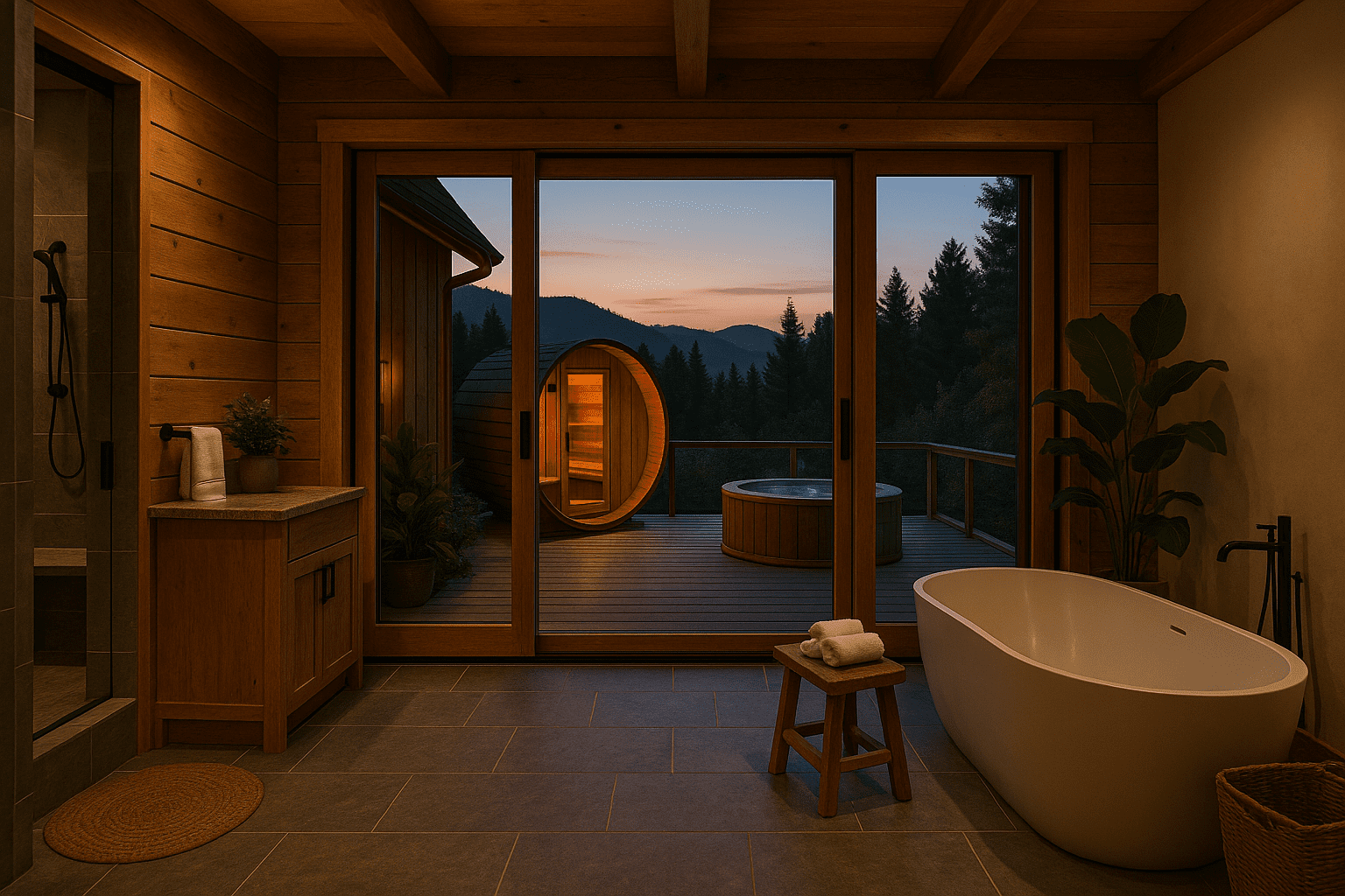 Luxury mountain cabin Airbnb bathroom with freestanding tub, glass doors opening to a cedar sauna and hot tub deck overlooking pine-covered hills at sunset.