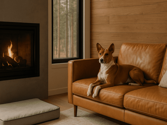 Basenji lounging on a leather sofa beside a modern fireplace in a luxury Airbnb with wood panel walls.